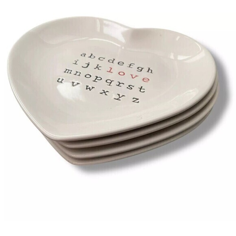 Pottery Barn Love Crossword White Heart 8.5" Plate Valentine’s Day SET OF 4